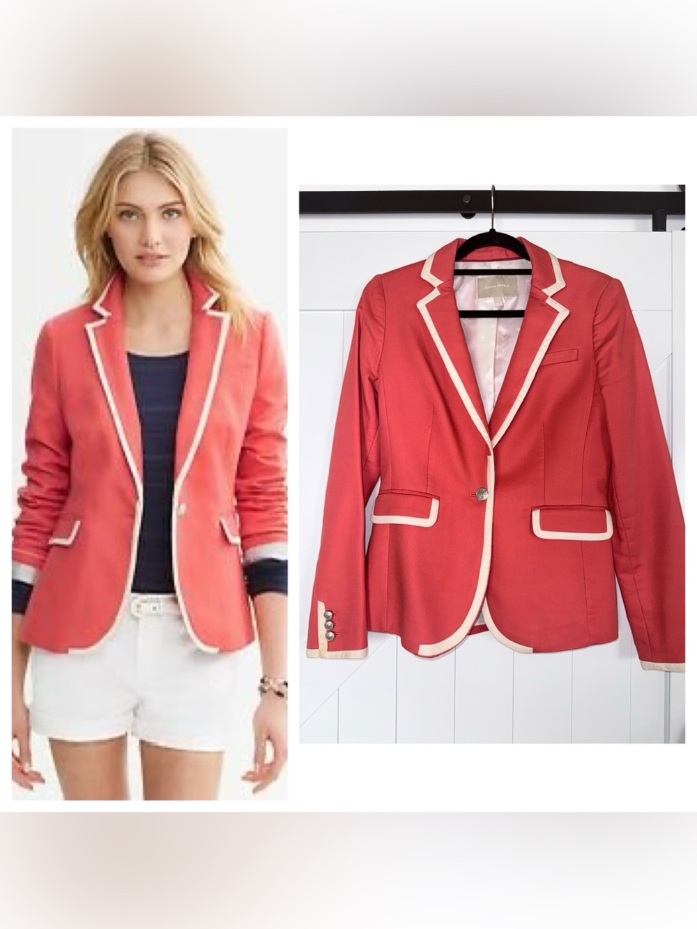 Classic Coral Blazer with Contrast Ivory Trim
